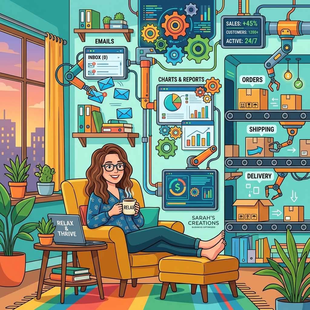 Small business owner reviewing automated workflows on a laptop dashboard
