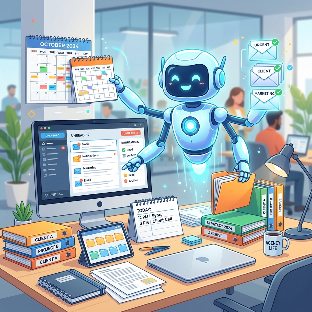 Abstract visualization of autonomous AI agents coordinating tasks across digital systems